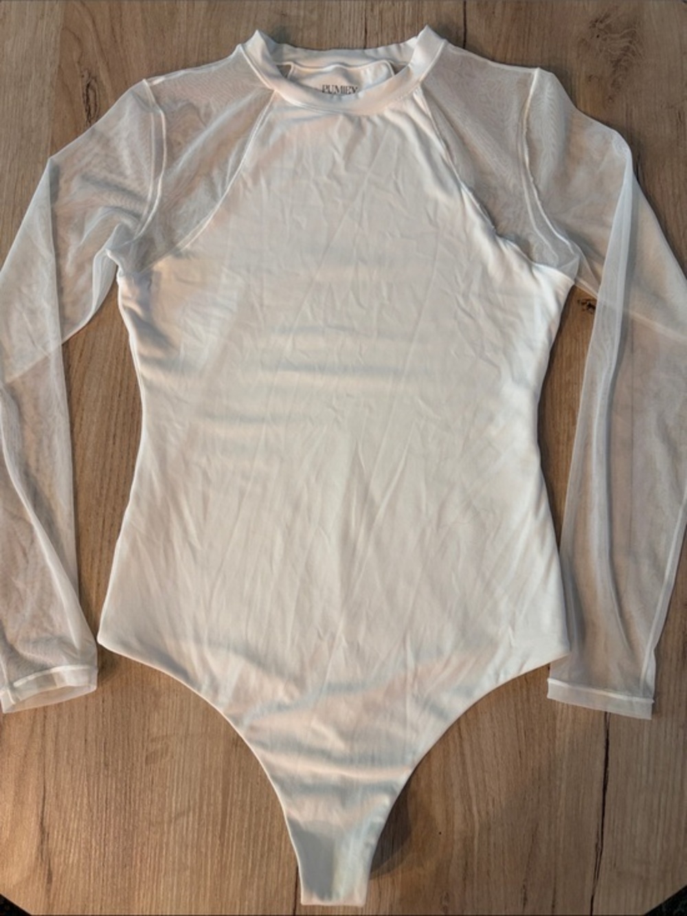 Pumiey White Mesh Long Sleeve Bodysuit Sheer Sleeve Stretch Top Size Small